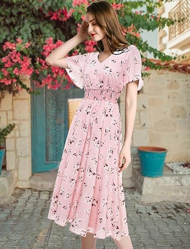 Vista 2 de Gardenwed Chiffon Floral Dresses Midi Wedding Guest Dress for Women Elastic Waist