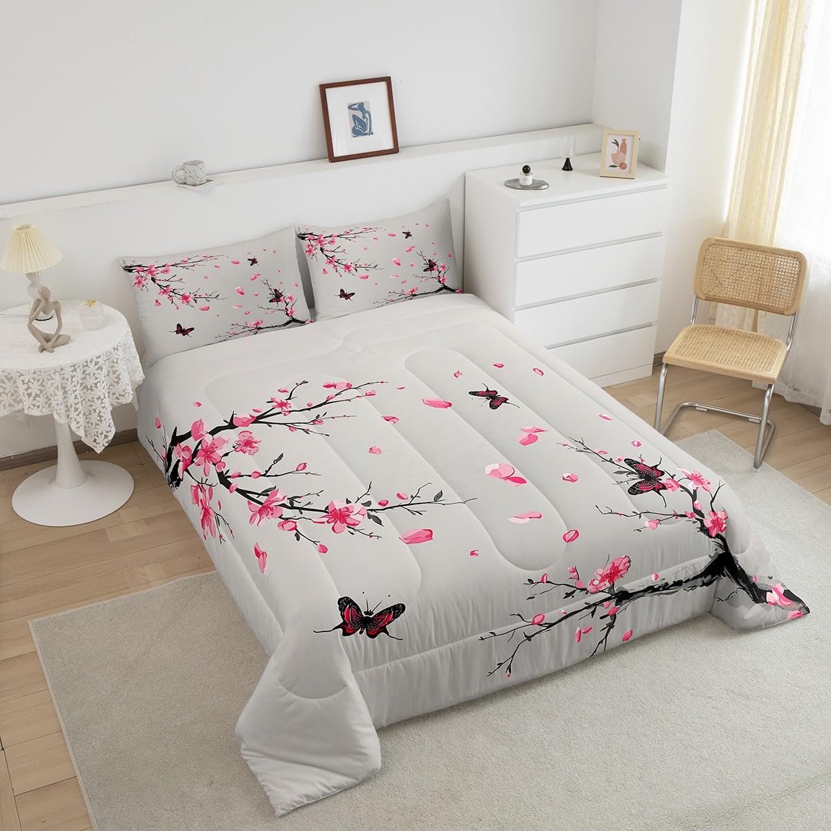 Feelyou Kids Cherry Blossoms Comforter Set Twin Size Butterfly Bedding Set Boys Girls Japanese Style Comforter Sakura Flower Floral Botanical Spring Quilt Set