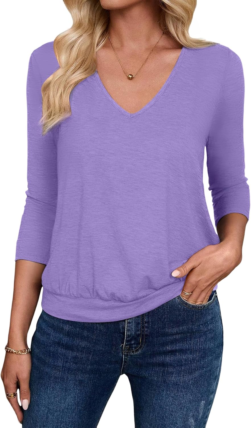 Sialois 3/4 Length Sleeve Women Blouse V Neck Banded Bottom Tops Casual Shirt Cute Tunic 2026 Fall Spring Summer Clothes