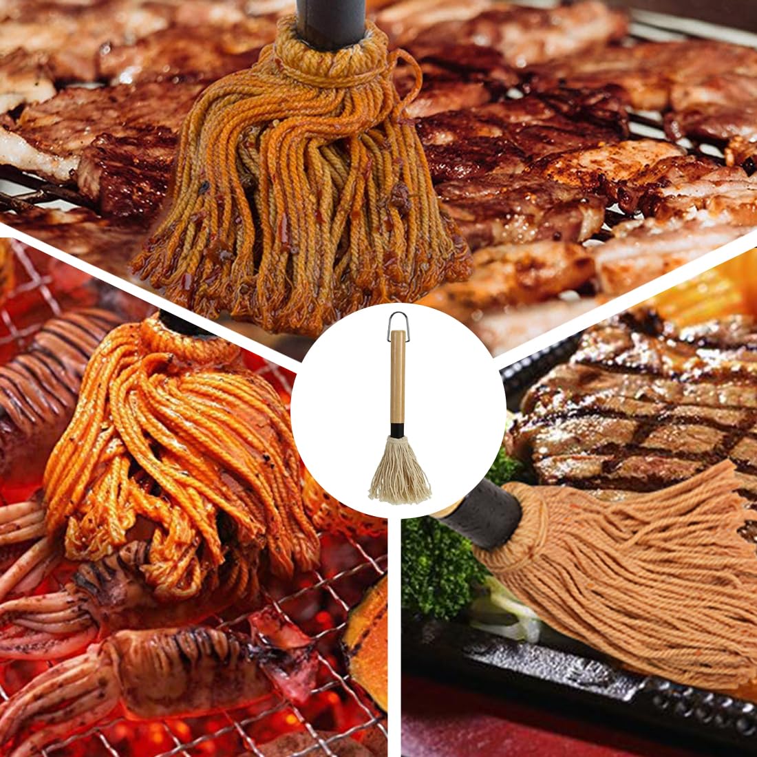 WUSJCOF 1 PCS Grillpinsel BBQ Pinsel Basting Mop Profi Sauce Soßen Marinaden Grillbürste Barbecue mit Holzgriff zum Kochen Braten Grillen (2X Extra Ersatz Köpfe)