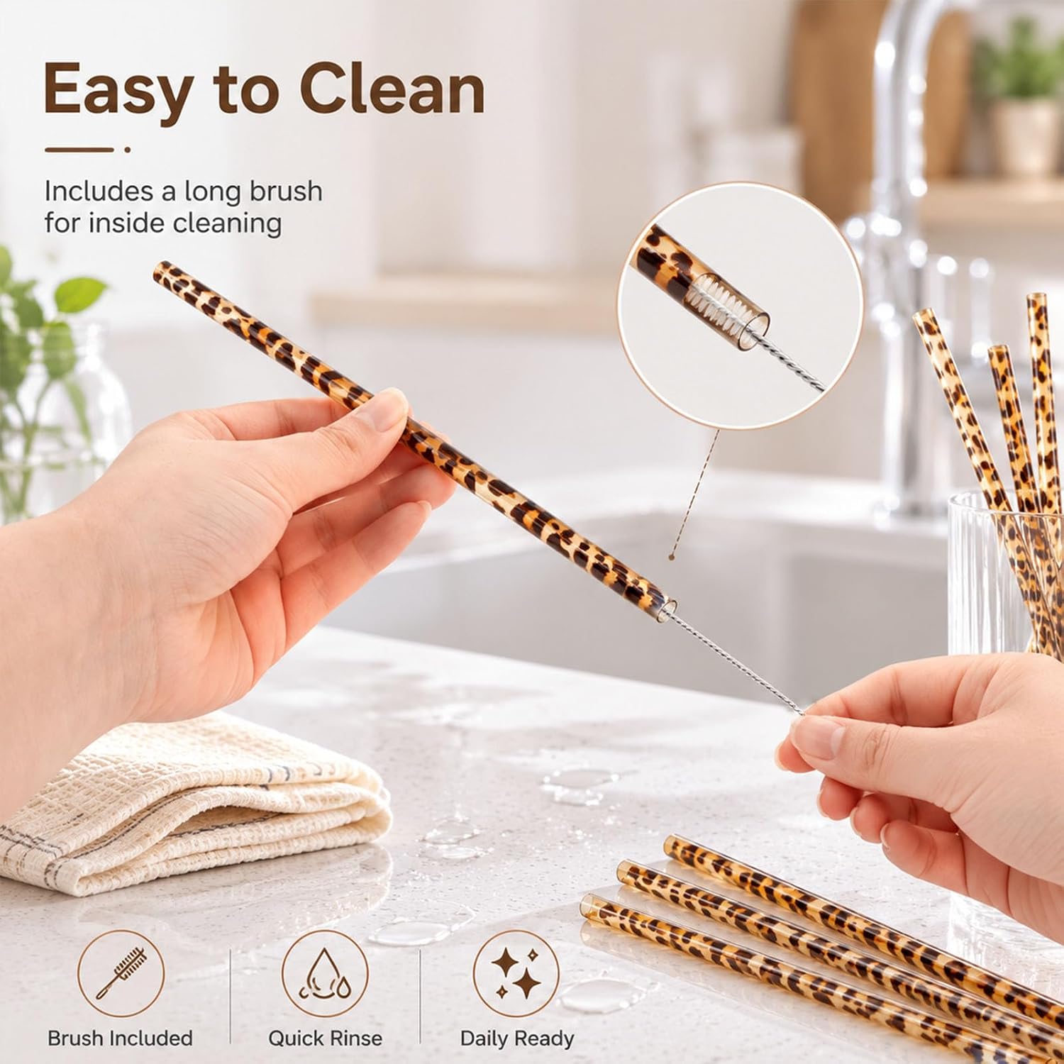 20 Pcs Reusable Leopard Straws, Hard Plastic Drinking Straws with Long Cleaning Brush, Vintage Leopard Pattern for Iced Coffee, Smoothies, Cocktails, Parties, Gifts