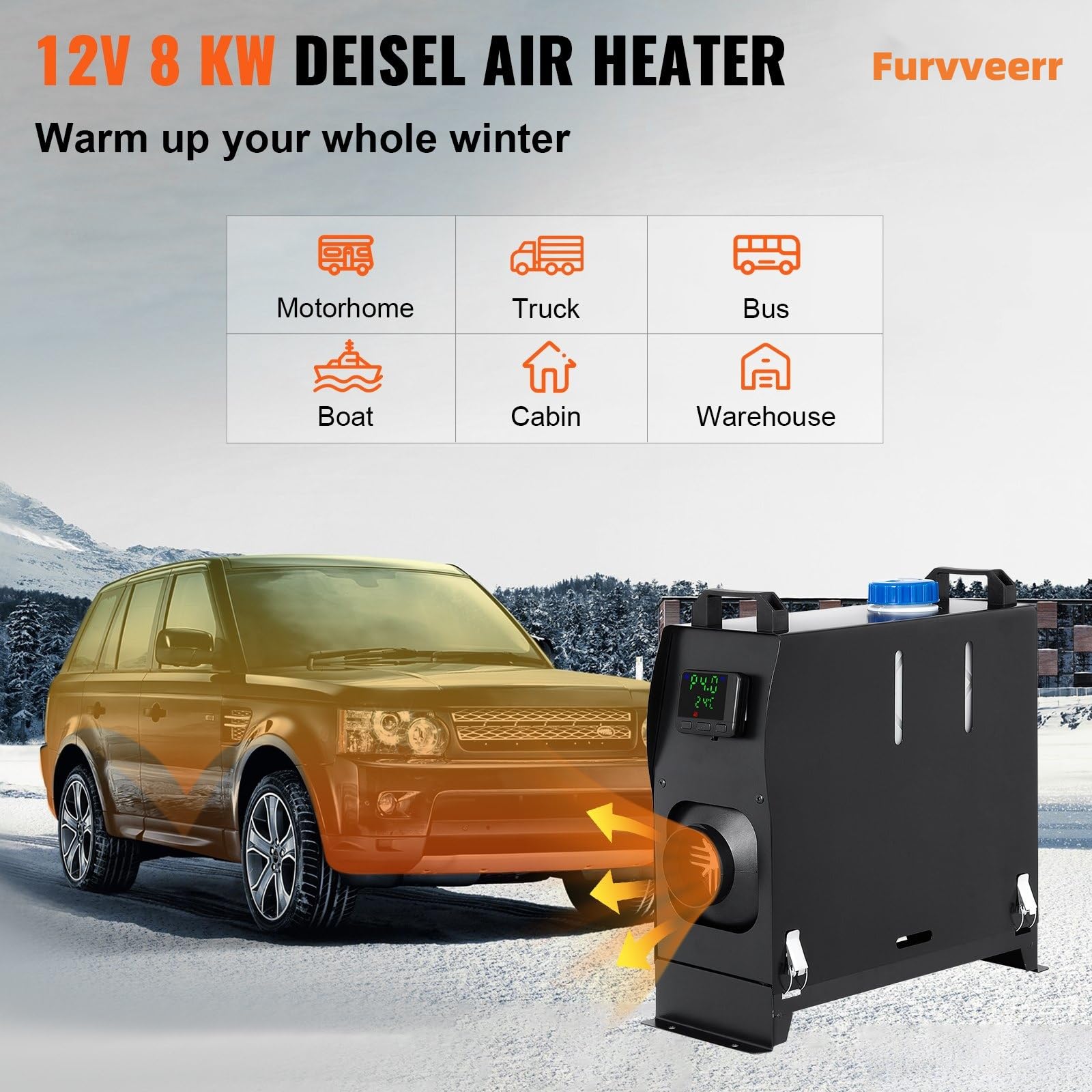 Podgrzewacz powietrza na olej napędowy 12 V 8 kW, sterowanie Romote, monitor LCD, czarny, przenośny olej napędowy do pojazdów i otwartych przestrzeni