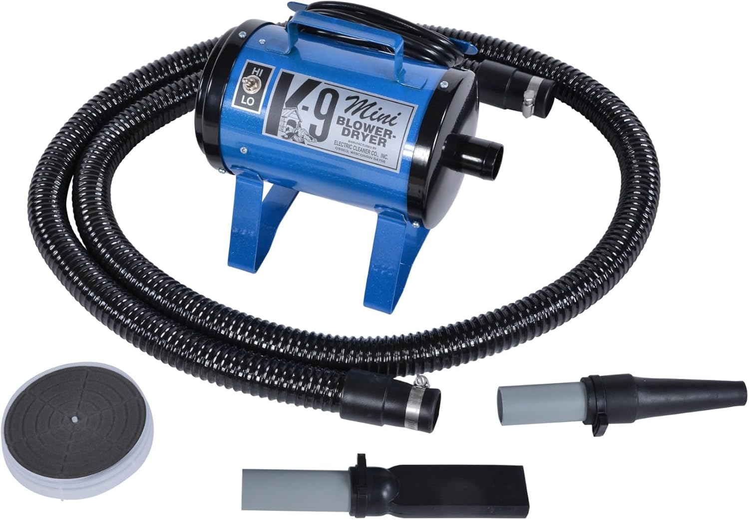 Electric Cleaner Company ECC Mini K-9 High-Velocity Dog Dryer – Portable Pet Blow Dryer with 2 Speeds, 10' Hose & Tips, Metallic Blue