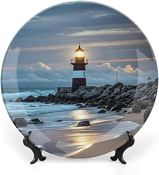 Bone China Decorative Plate Sea Lighthouse Ceramic Dinner Plates with Display Stand Ceramic Ornaments Art Porcelain Plate for Home Office Wall Decor Collections Plate 7inch