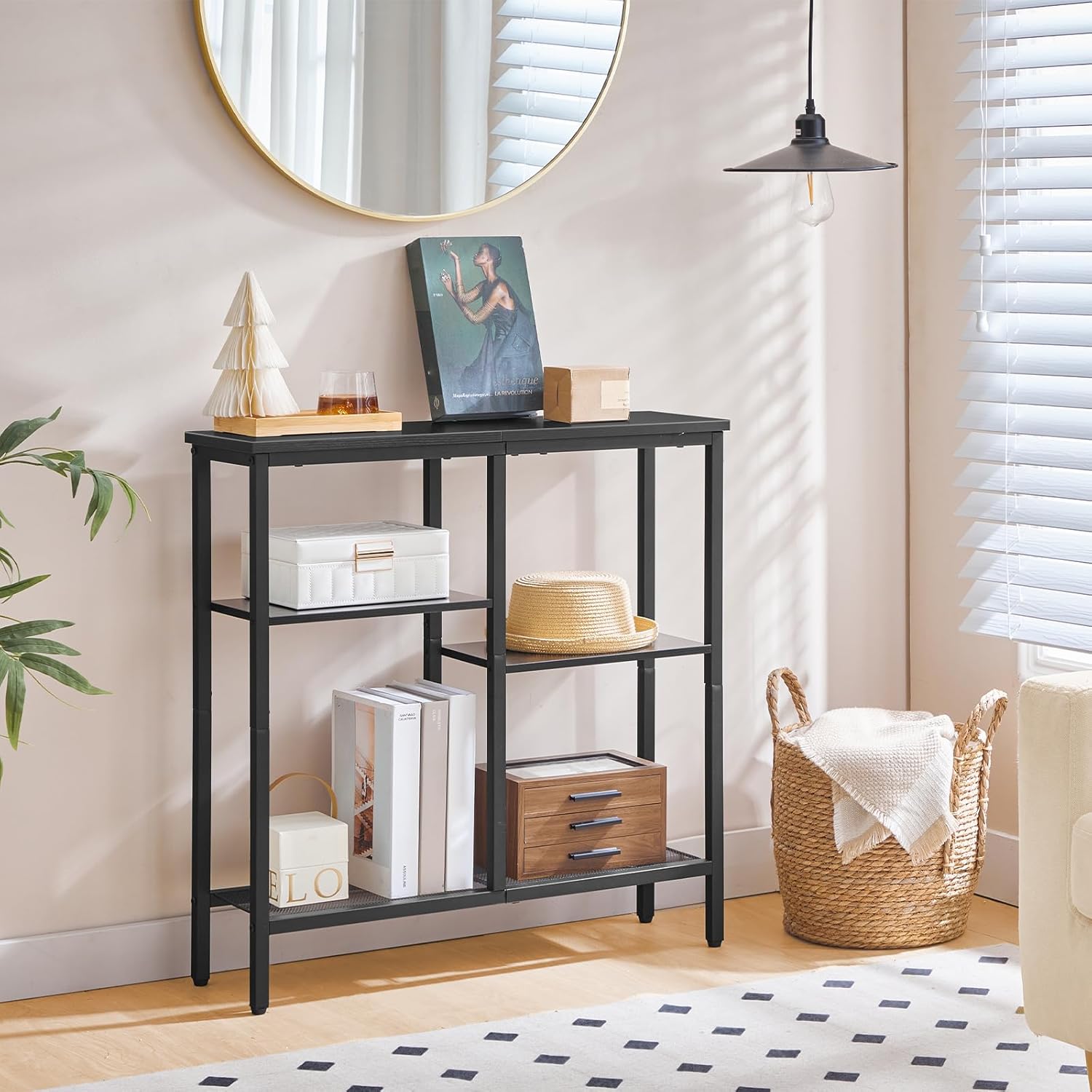 HOOBRO Narrow Console Table, Sofa Table, 4-Tier Industrial Entryway Table with Metal Mesh Shelf, Hallway Table with Adjustable Feet, for Entryway, Living Room, Hallway, Black BB79XG01