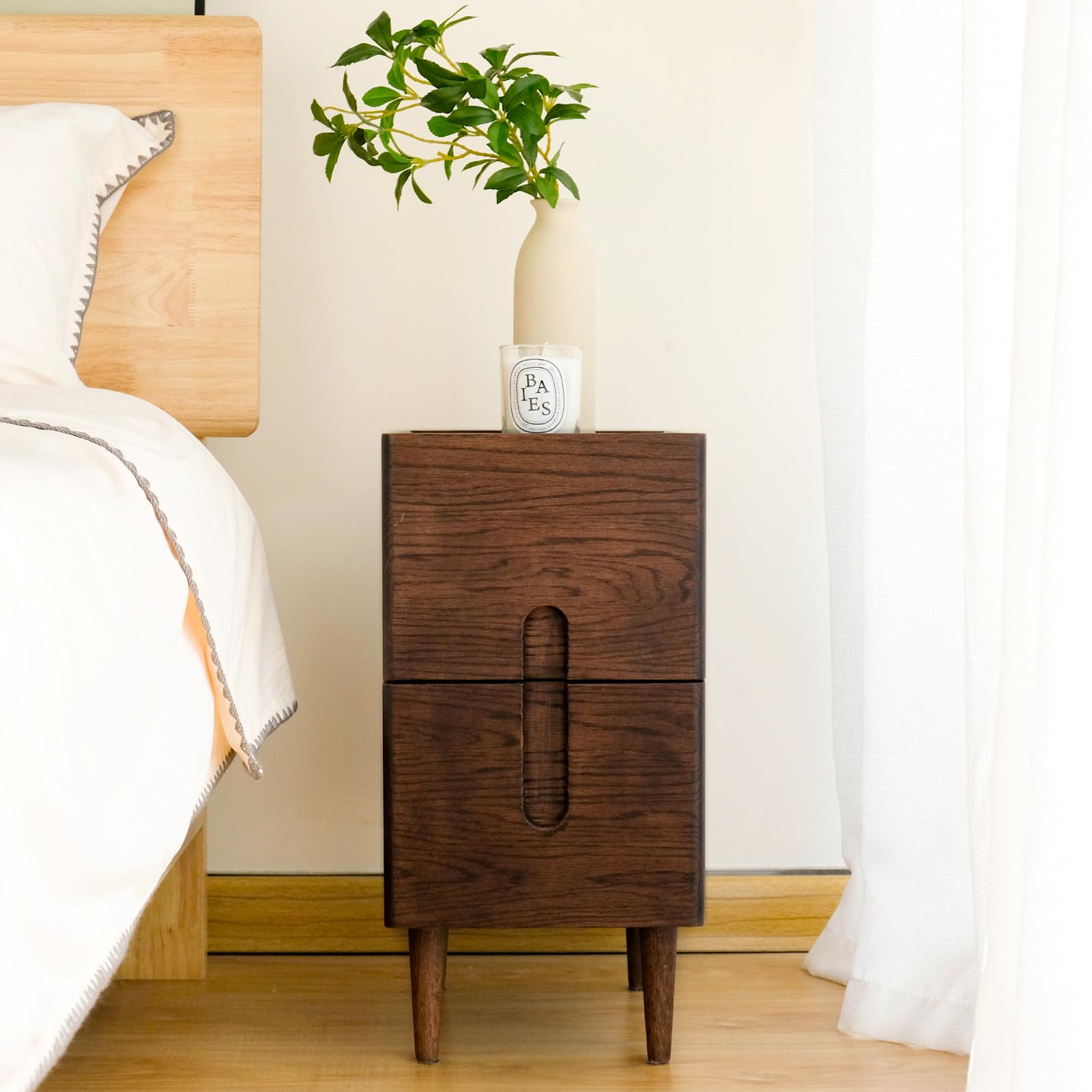 Mesita de noche moderna de mediados de siglo, mesita de noche estrecha, mesa auxiliar minimalista para dormitorio, mesitas de noche de 2 cajones (nogal, 9.84 pulgadas) 6