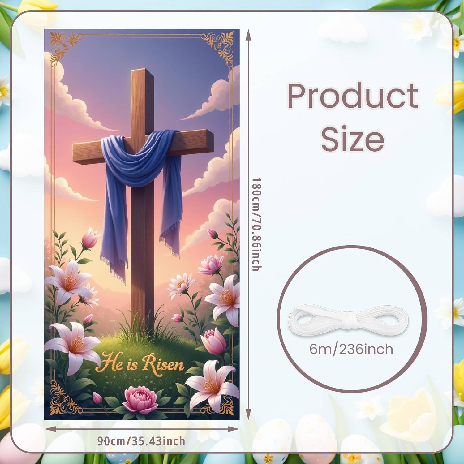 Easter Decorations Christian Cross Door Cover He is Risen Hanging Banner Backdrop Lily Flowers Cross Front Porch Sign Jesus Religious Decor for Church Baptism Easter Party Home Spring Supplies