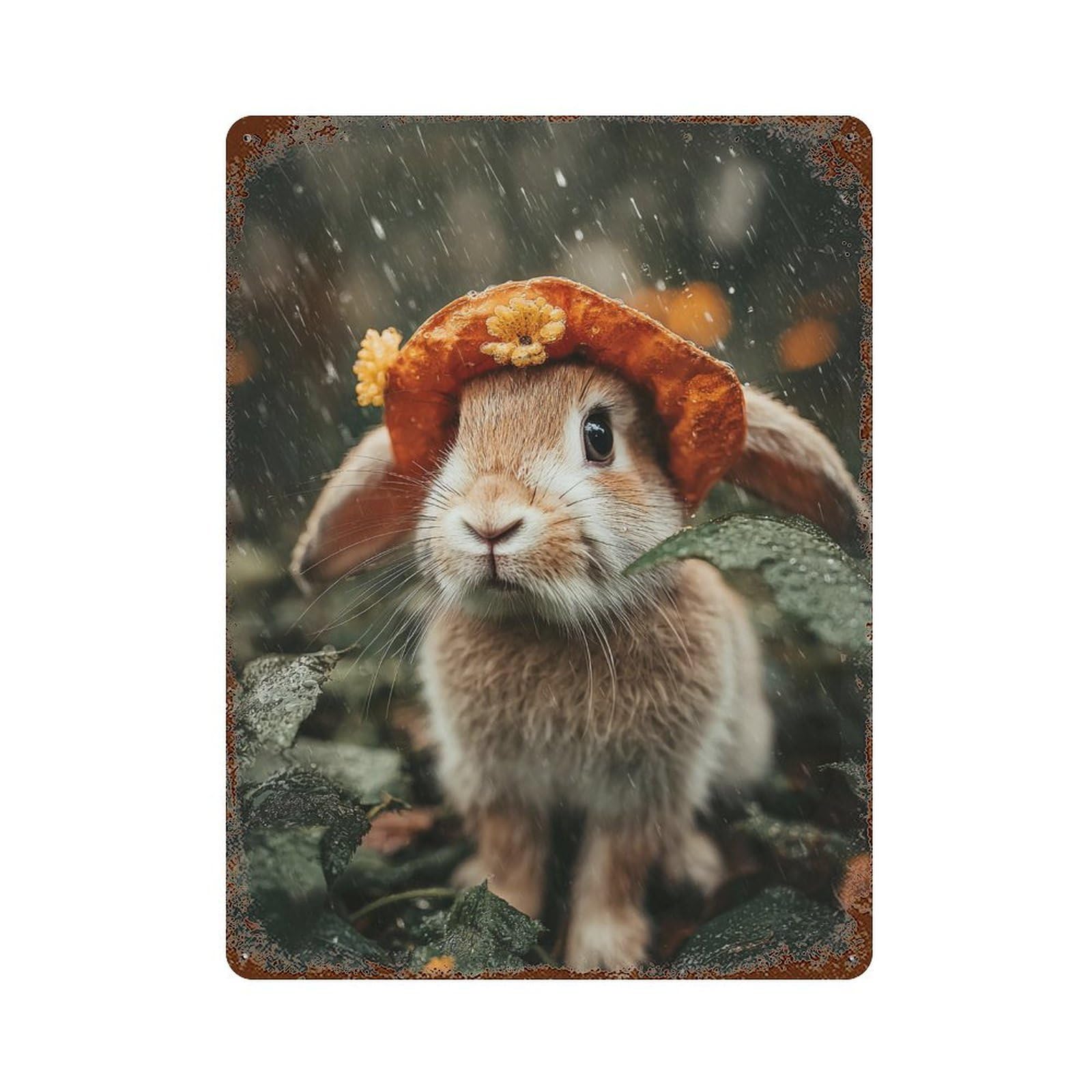 Rainy Day Bunny Adventure 15.7"x11.8" Weathered Tin Sign, Shabby Chic Decor for Cafe, Home Bar And Lounge Decor