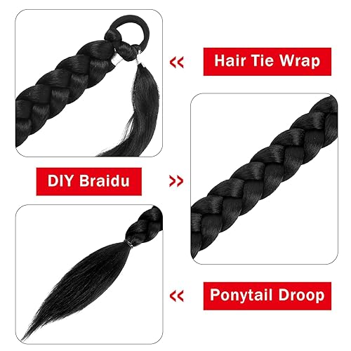 Miniatura 2 de Extensión de cola de caballo, extensión de cola de caballo trenzada, mujeres negras con banda para el cabello, envoltura recta con extensión de cola