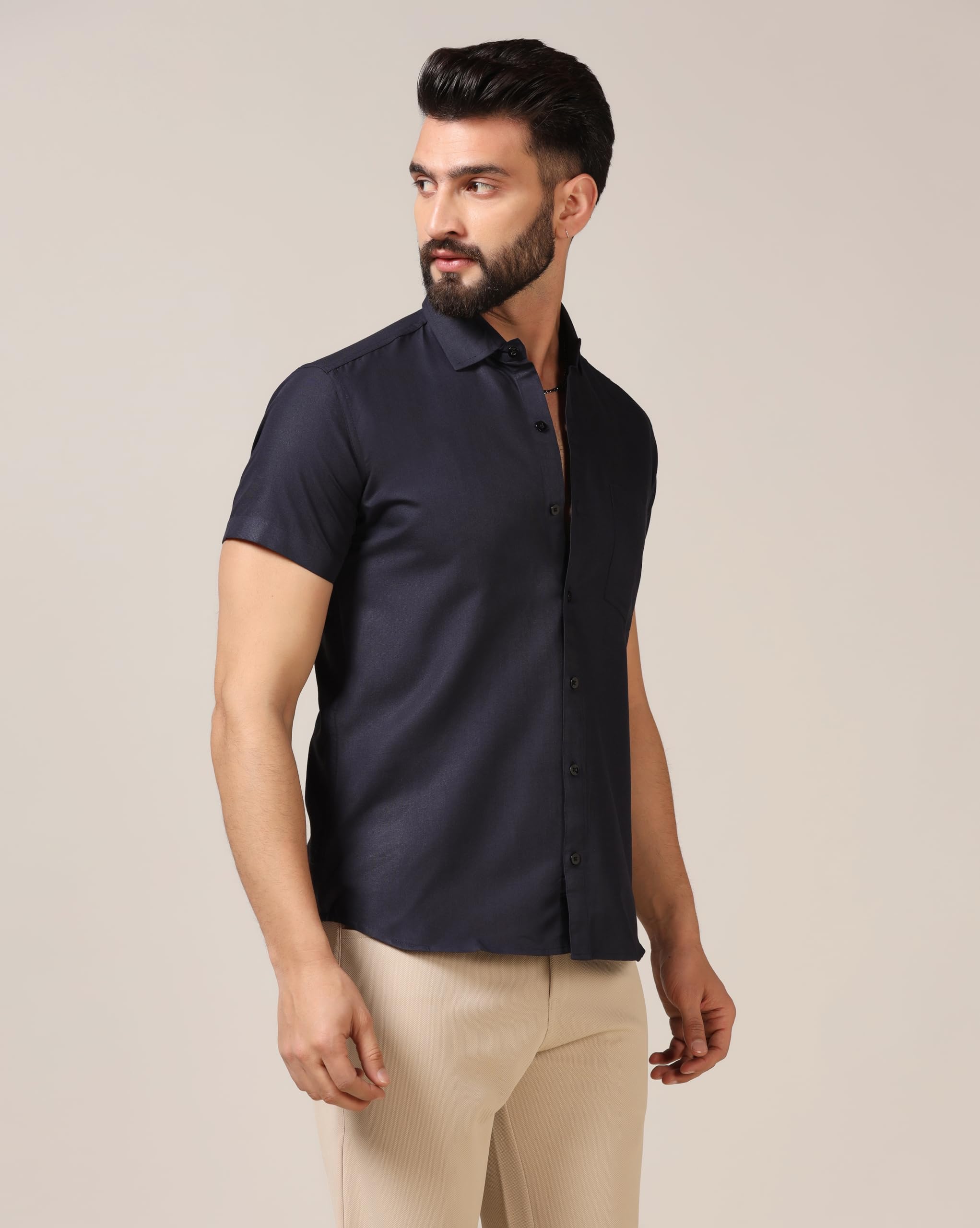 TOPLOT Camicia da uomo casual tinta unita con tasca e colletto divaricato e maniche medie