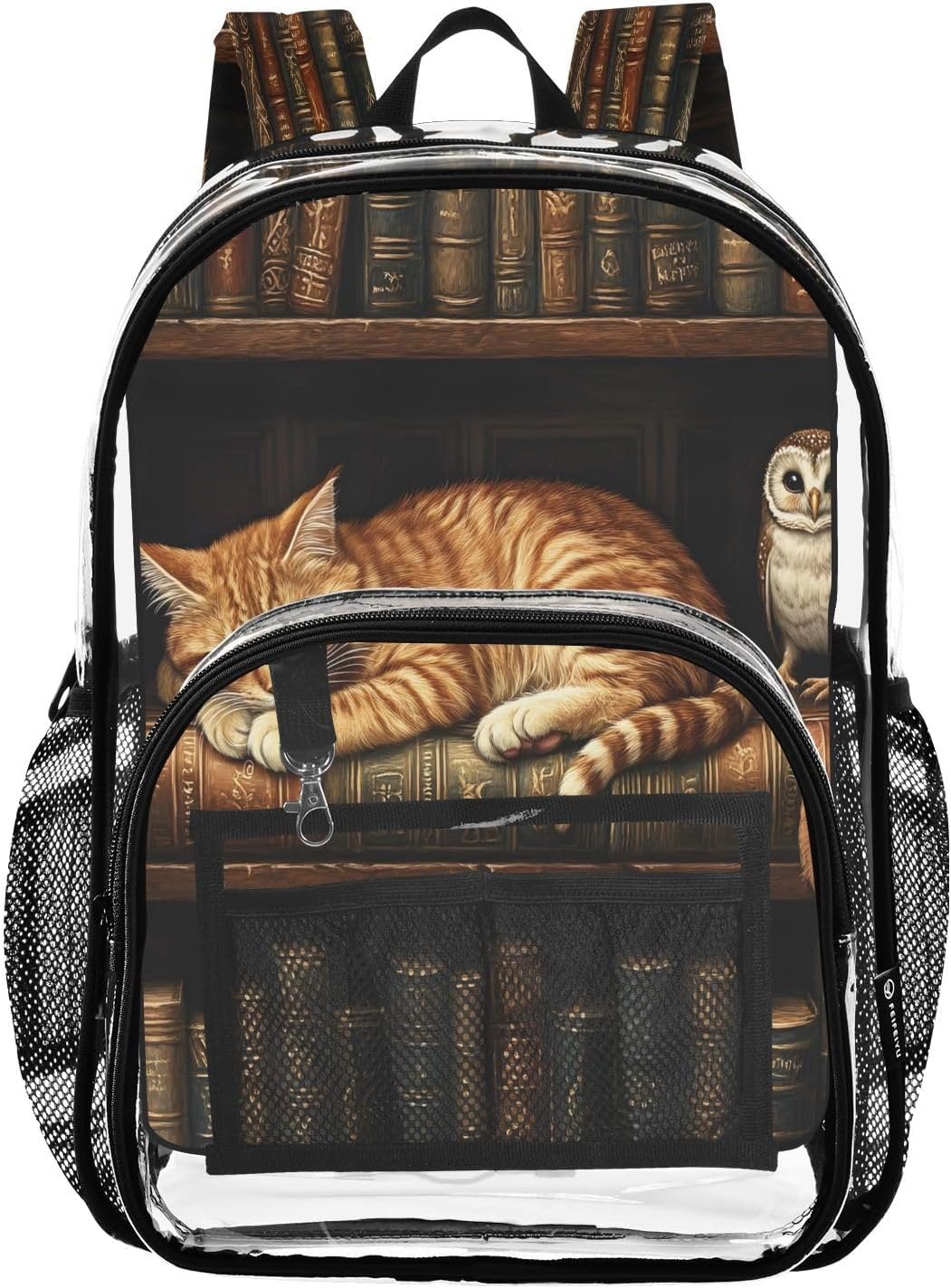 Cat Owl Bookshelf Bookworm Clear Backpack Heavy Duty See Through Transparent PVC BookBag for Kids Boy Girl Adult School Work