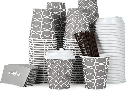 Miniatura 15 de JOLLY PARTY [100 juegos] Tazas de café de papel de 12 onzas, tazas de café desechables con tapas, fundas y pajitas, taza para beber bebidas frías