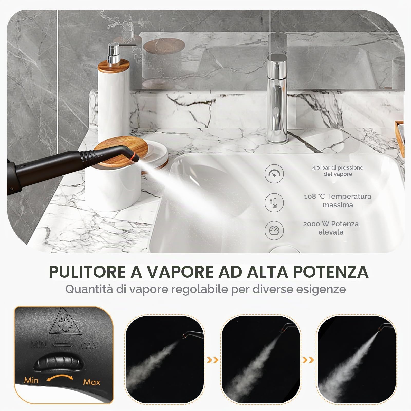 FANTASK Pulitore a vapore con 19 accessori e luce LED di avvertimento per tappeti, pavimenti, finestre, auto, 2000 W, tempo di riscaldamento: 5 minuti, temperatura: fino a 108 °C, serbatoio: 1,5 l