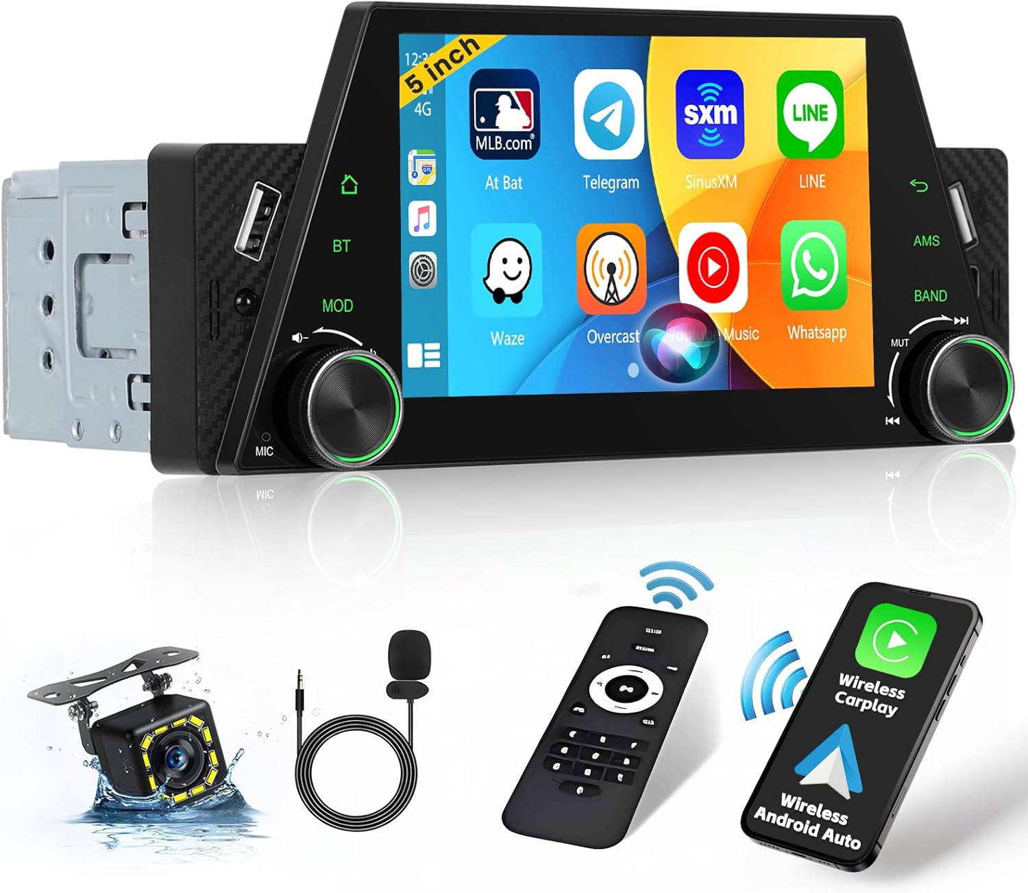 Single Din Car Radio Stereo with 5 Inch Touchscreen Head Unit with Wireless Carplay Android Auto FM Radio Bluetooth EQ Mirror Link Type-C/USB Port SWC Backup Camera MIC