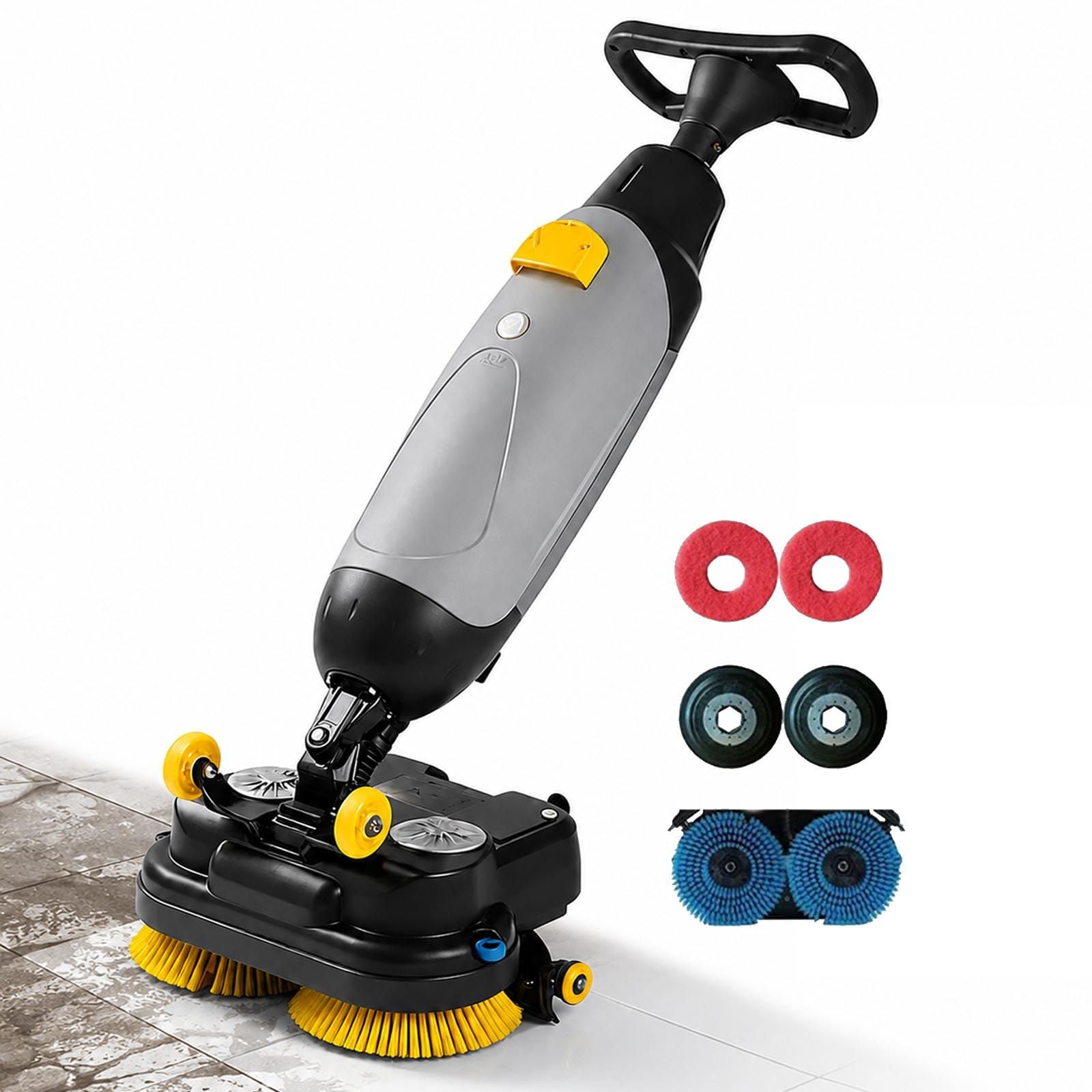 menglanchang Commercial Floor Scrubber Machine, 17 Inch Battery Powered Walk-Behind Cleaner with Dual Brush and Squeegee for Tile, Concrete, Office, Retail and Restaurant Floors Grey