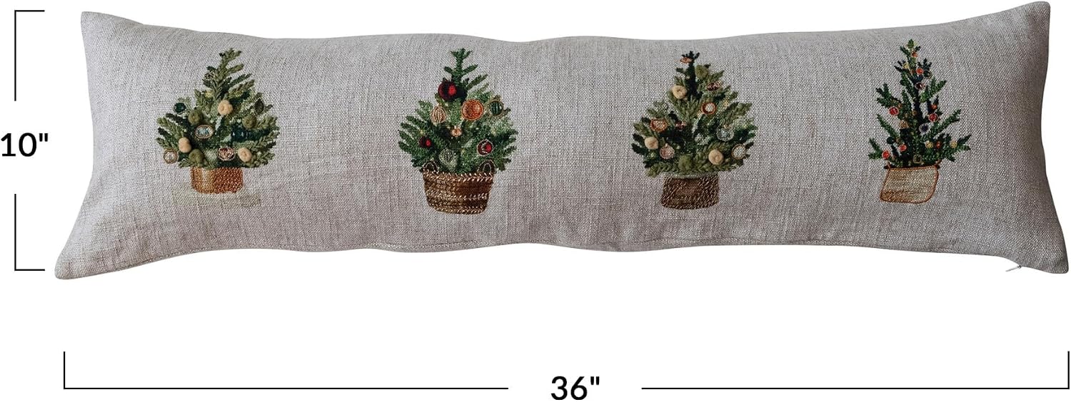 Creative Co-Op Linen Blend Printed Lumbar Pillow with Christmas Trees, Embroidery and French Knots, Multicolor