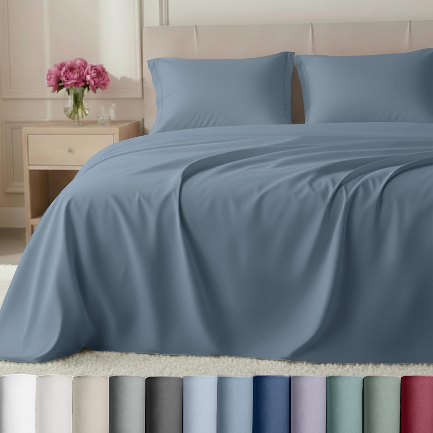 California Design Den Luxury 100% Cotton Sateen - Buttery Soft 800 Thread Count Queen Bed Sheet Set, Durable Deep Pocket Sheet Set - Blue - Thumbnail 2