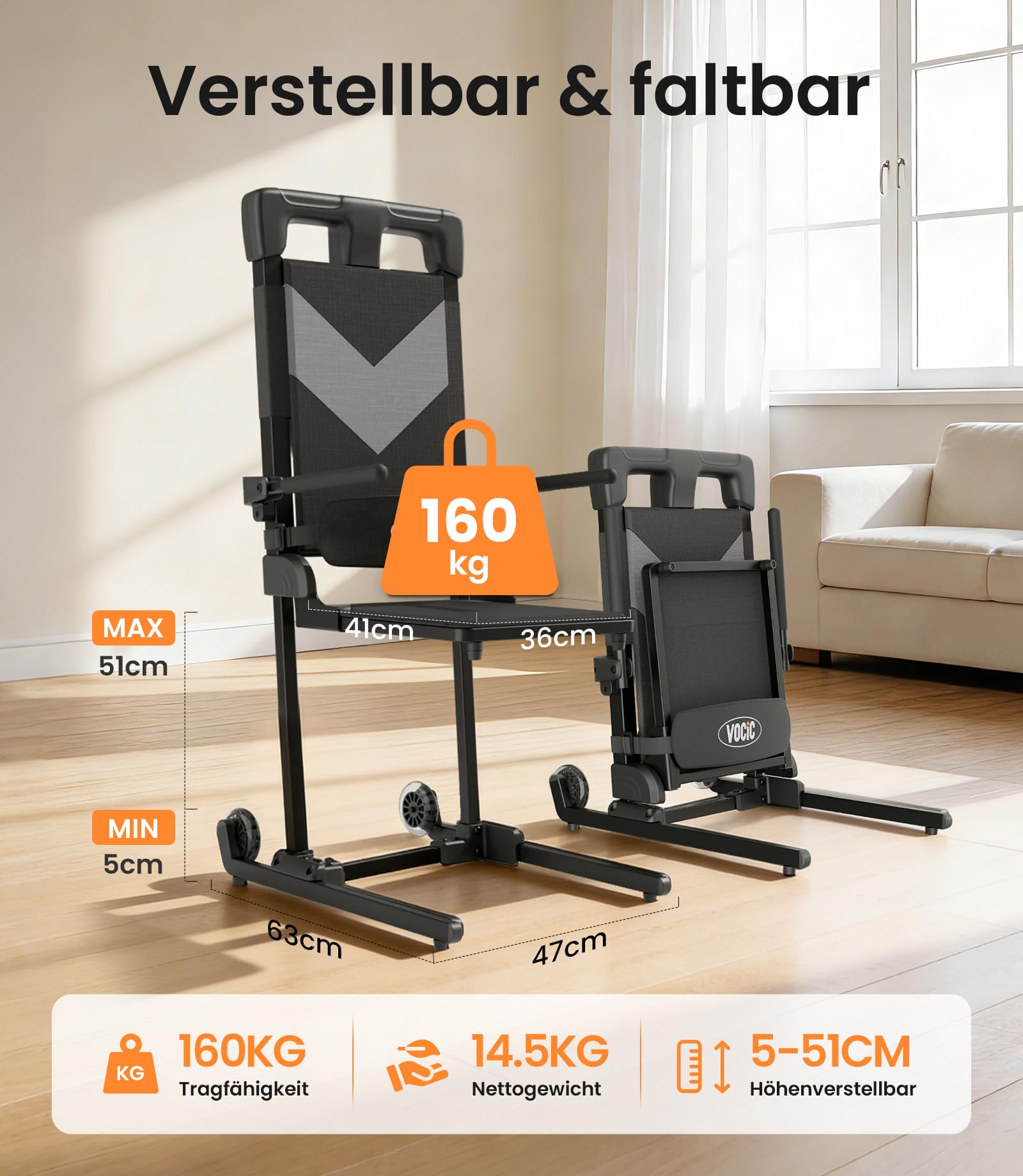 VOCIC AX25 Elektrischer Aufstehsessel bis 160 kg, leicht & mobil | Senioren Pflege Zuhause, leichte Aufstehhilfe nach Sturz, mobiler Hebesessel mit großen Rädern, Transfer Sofa Bett 160KG