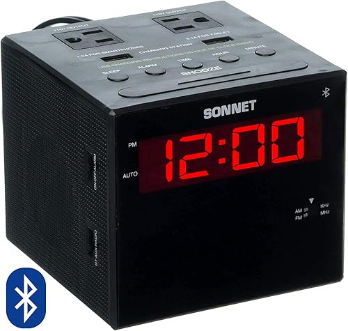 Sonnet - Estación de carga de reloj despertador, altavoz Bluetooth, radio AM FM, puertos de carga USB duales, salidas de CA duales, reloj