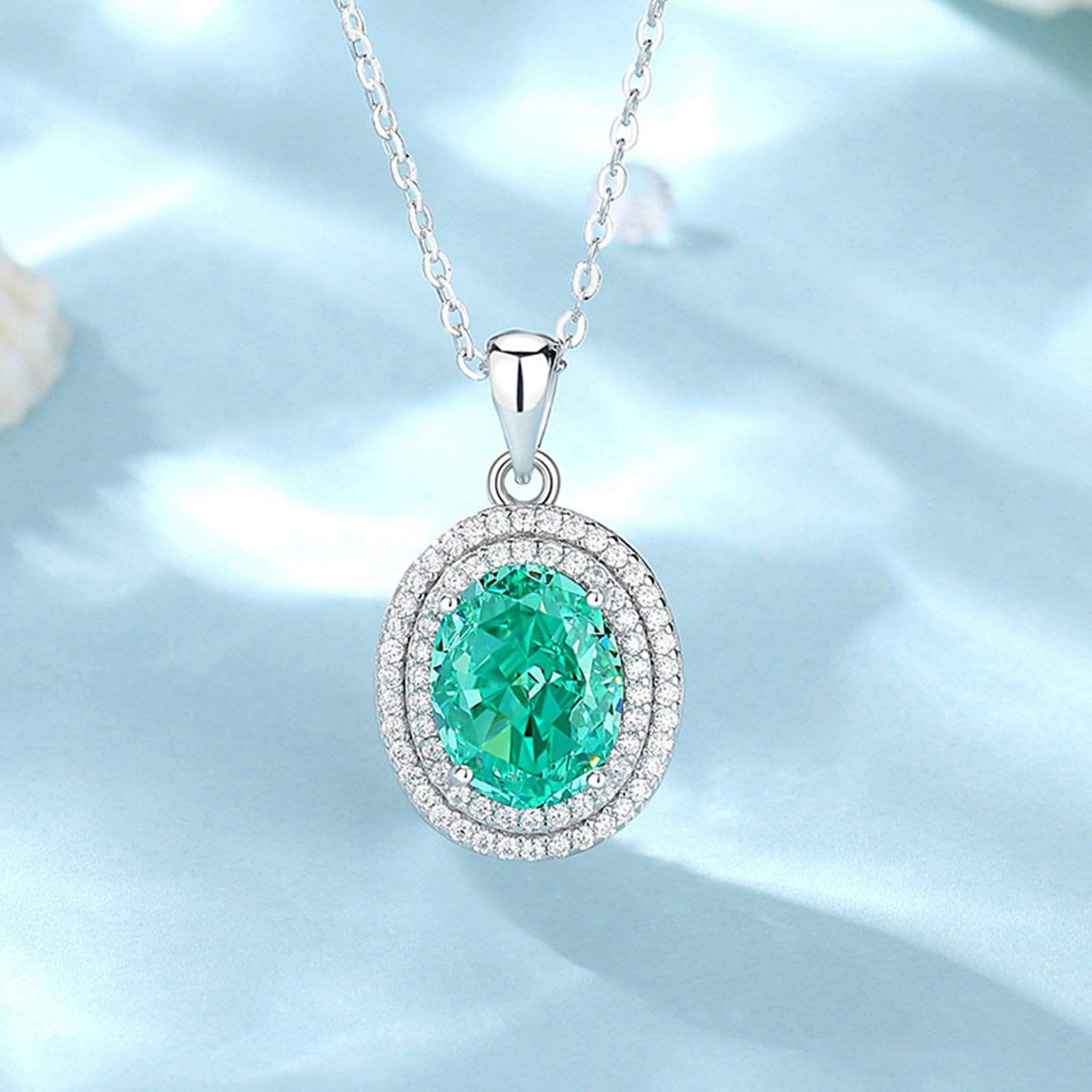 Collar de mujer de oro blanco 585 de 14 quilates, cadena de 45 cm, colgante de oro blanco con colgante de halo con paraiba topacio padparadscha tanzanita 3ct y moissanite collar para bodas