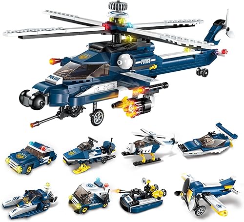 LITTLE FROGGY Helicóptero de policía de la ciudad, kit de bloques de construcción de transformación 8 en 1, vehículo STEM educativo, modelos de