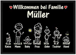 Doormat Yourself – Family Names 1.2 or 3 Children, Dog, Cat – Welcome – Individually Printed – Stick Figure, Gift Housewarming, Topping Party, Birthday I Personalised, 75 x 50 cm