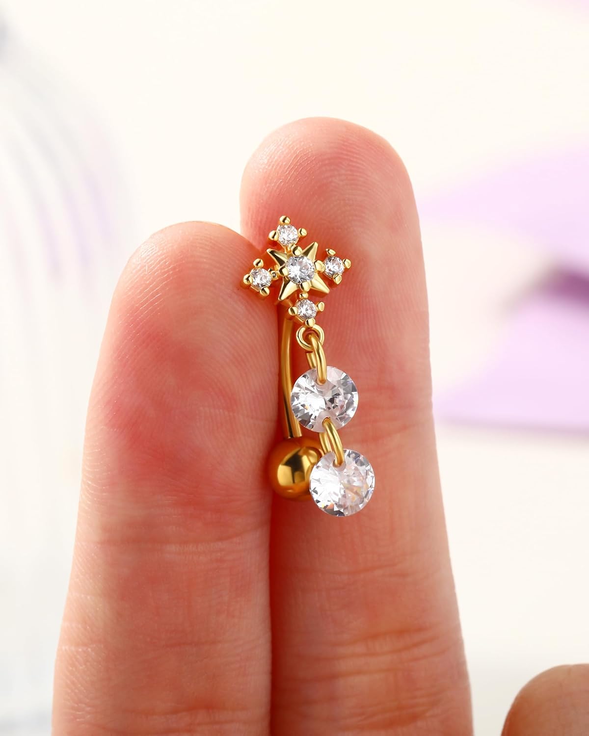 Jewseen Flower Dangle Belly Button Ring, 14G Gold Reverse Belly Button Piercing for Women, Surgical Steel Navel Piercing Jewelry Floating Navel Ring Hypoallergenic - Image 4