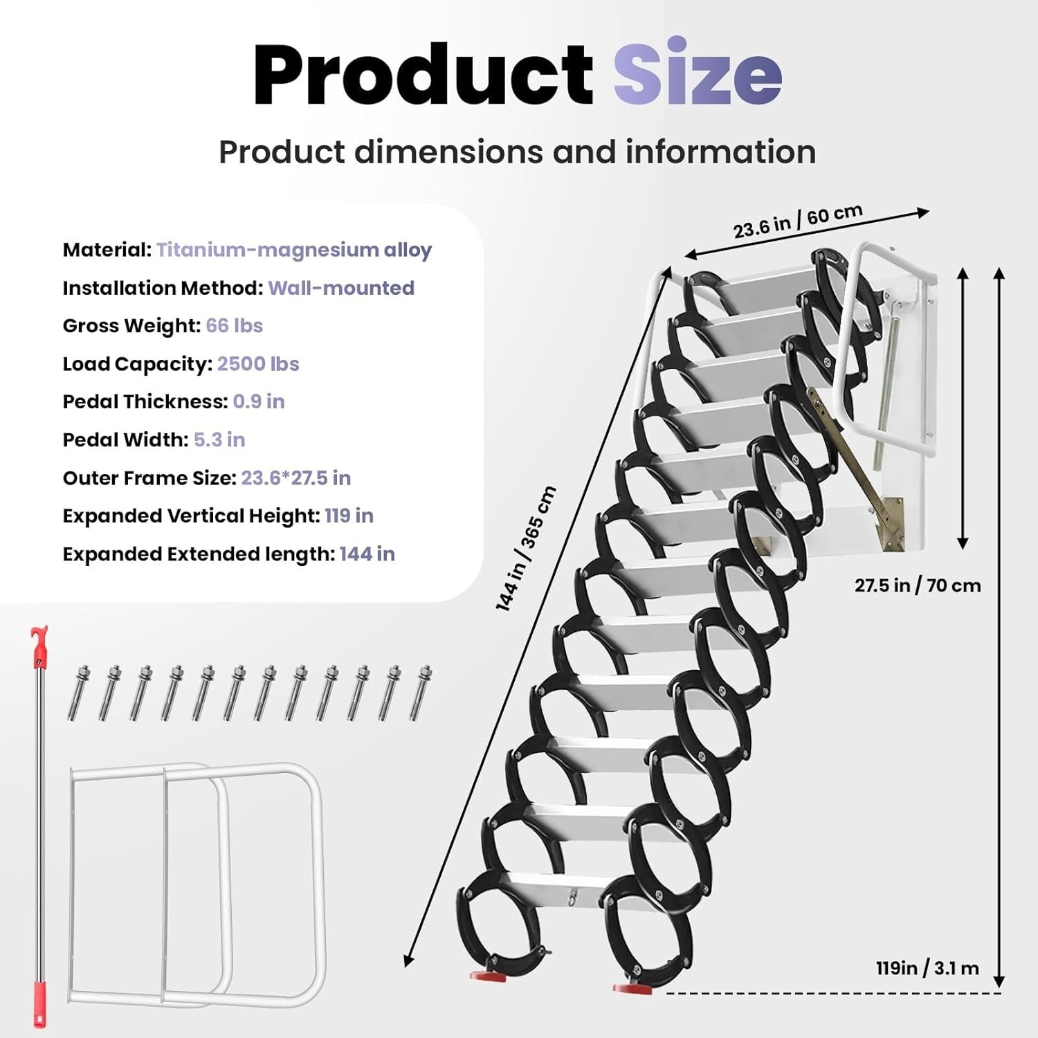 Attic Ladders Attic Ladder Pull Down System, Wall-Mounted Extension Folding Retractable Loft loft Ladder, Garages Basements(2-2.5m)