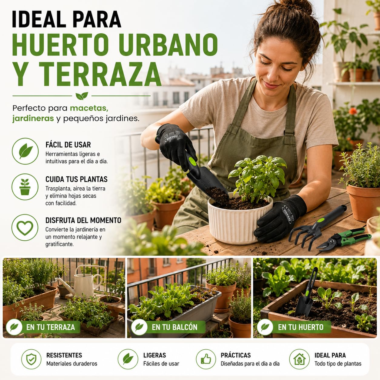 Kit 5 Herramientas de jardinería Resistente de Fibra de Vidrio Ideal para jardín, huerto Urbano o terraza | Kit jardineria Completo Que Incluye: Pala, Rastrillo, Azada, Tijeras de Podar y Guantes.