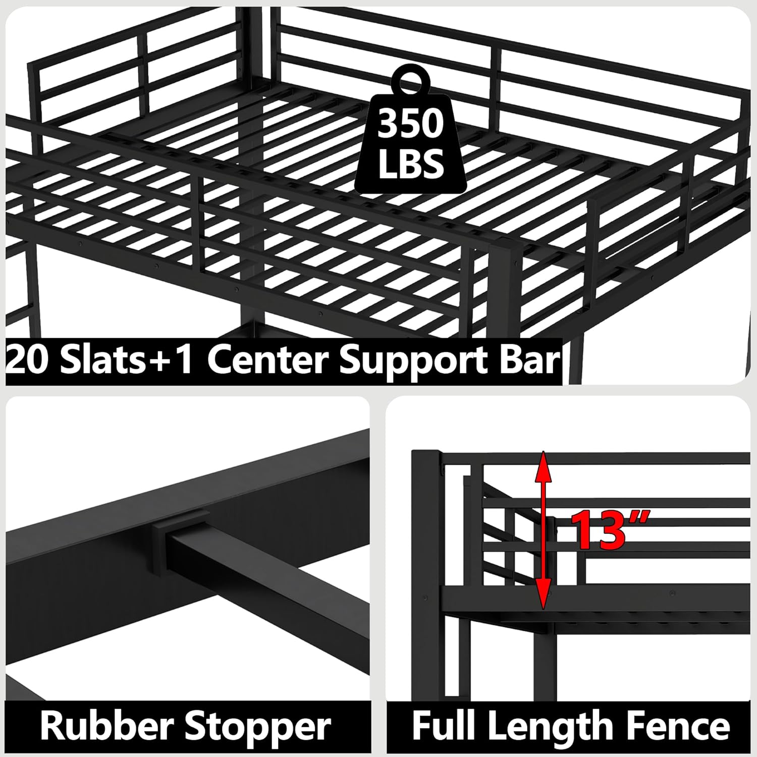 Close-up of Bellemave loft bed features including rubber stoppers, slats, and full-length guardrail height