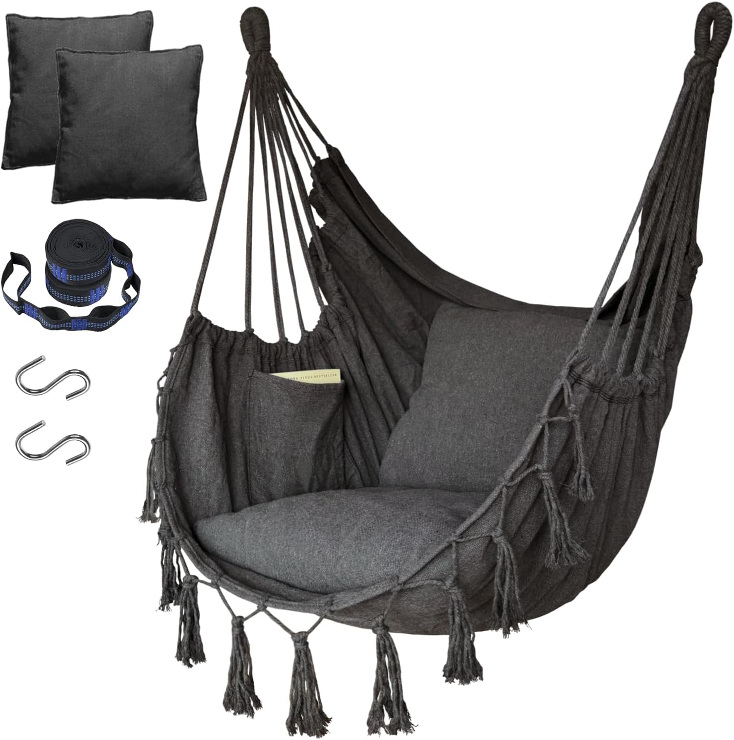 Halalona Hammock Chair Hanging Rope Swing, with 2 Cushions and Hardware Kits, Sturdy & Durable Soft Cotton Hand Woven, Macrame Hanging Chair for Indoor/Outdoor, Dark Grey