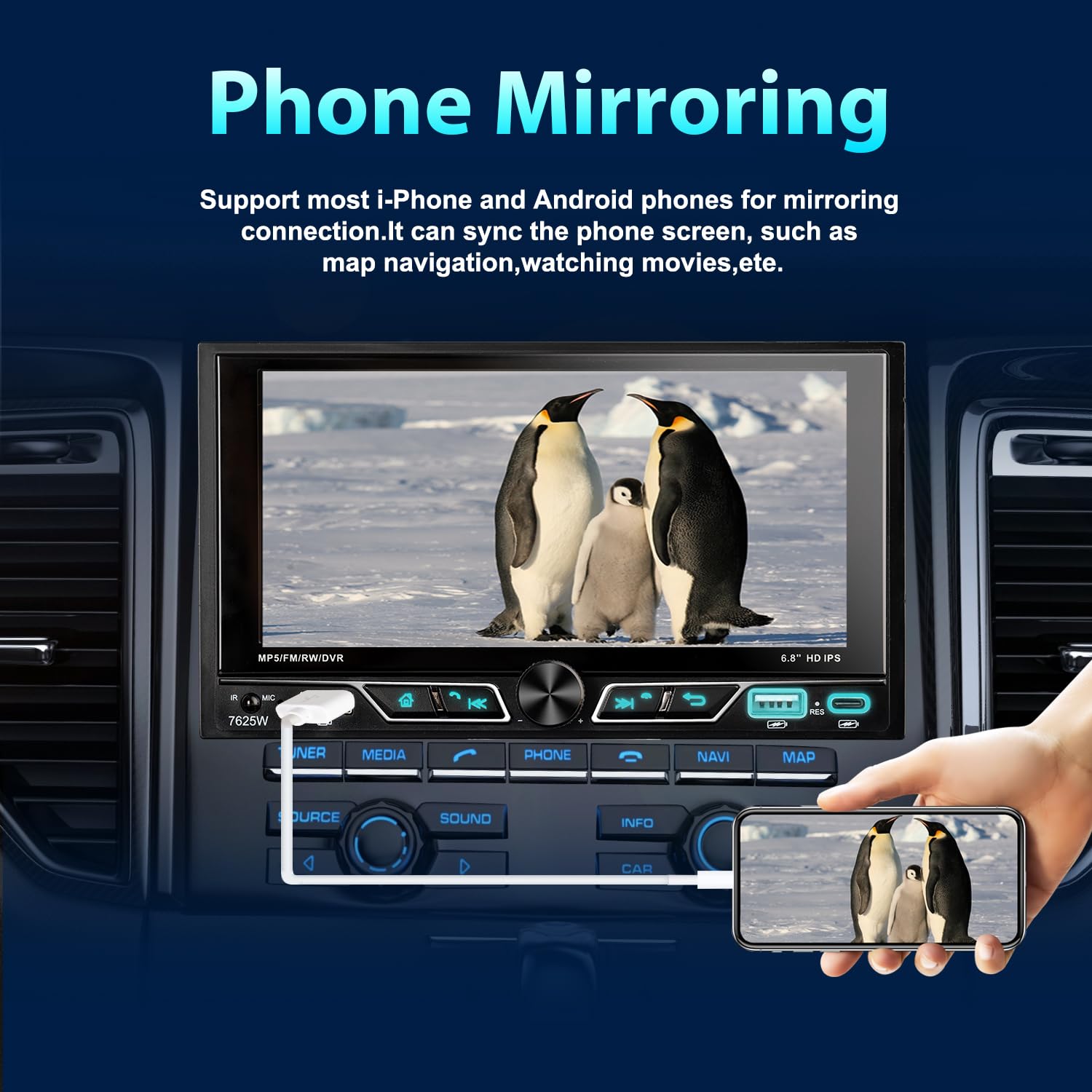 Autoradio 2 DIN con schermo da 6,8", compatibile con Wireless Apple CarPlay/Android Auto Bluetooth Type-C USB 2.1A ricarica rapida telecamera posteriore AM/FM/RDS radio DSP