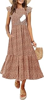 Women's Nursing Dress Flutter Short Sleeve Crew Neck Smocked Elastic Waist Tiered Midi with Pockets - Buy now