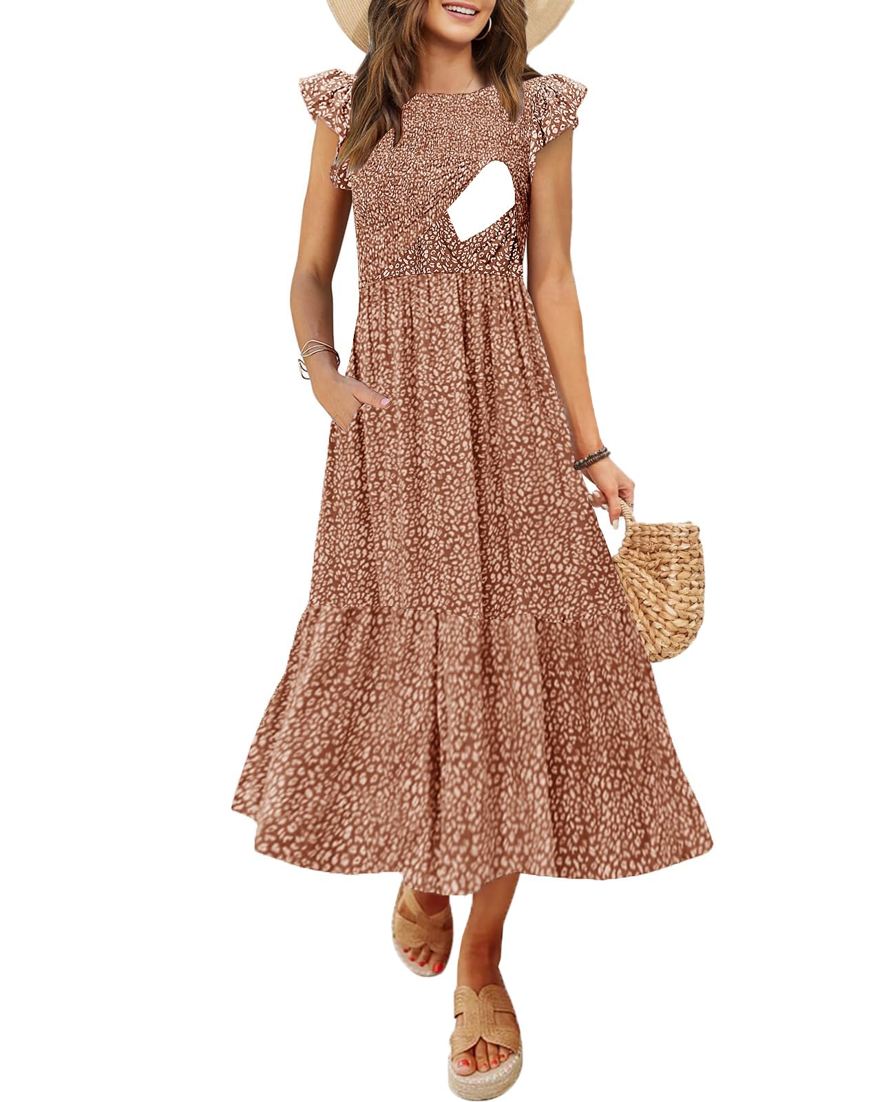 CzzzyL Women's Nursing Dress Flutter Sleeve Crew Neck Smocked Midi Pockets | Short Sleeve Breastfeeding Friendly Postpartum Elastic Waist Tiered