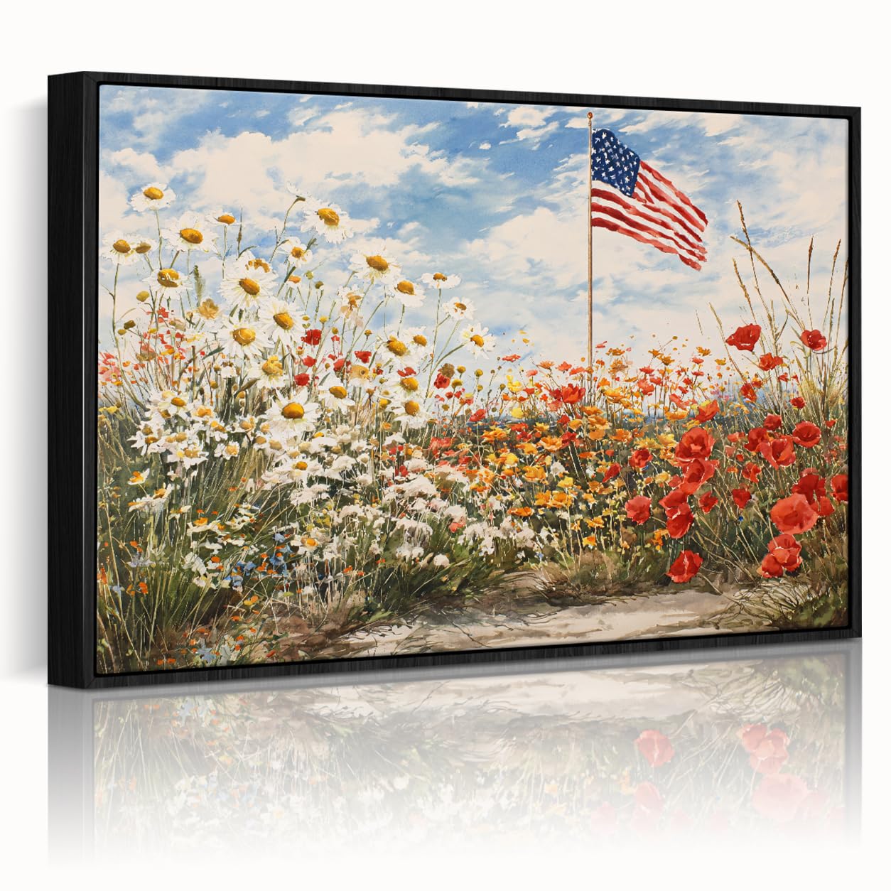 American Flag Framed Canvas Wall Art, 4th of July Floral Canvas Prints