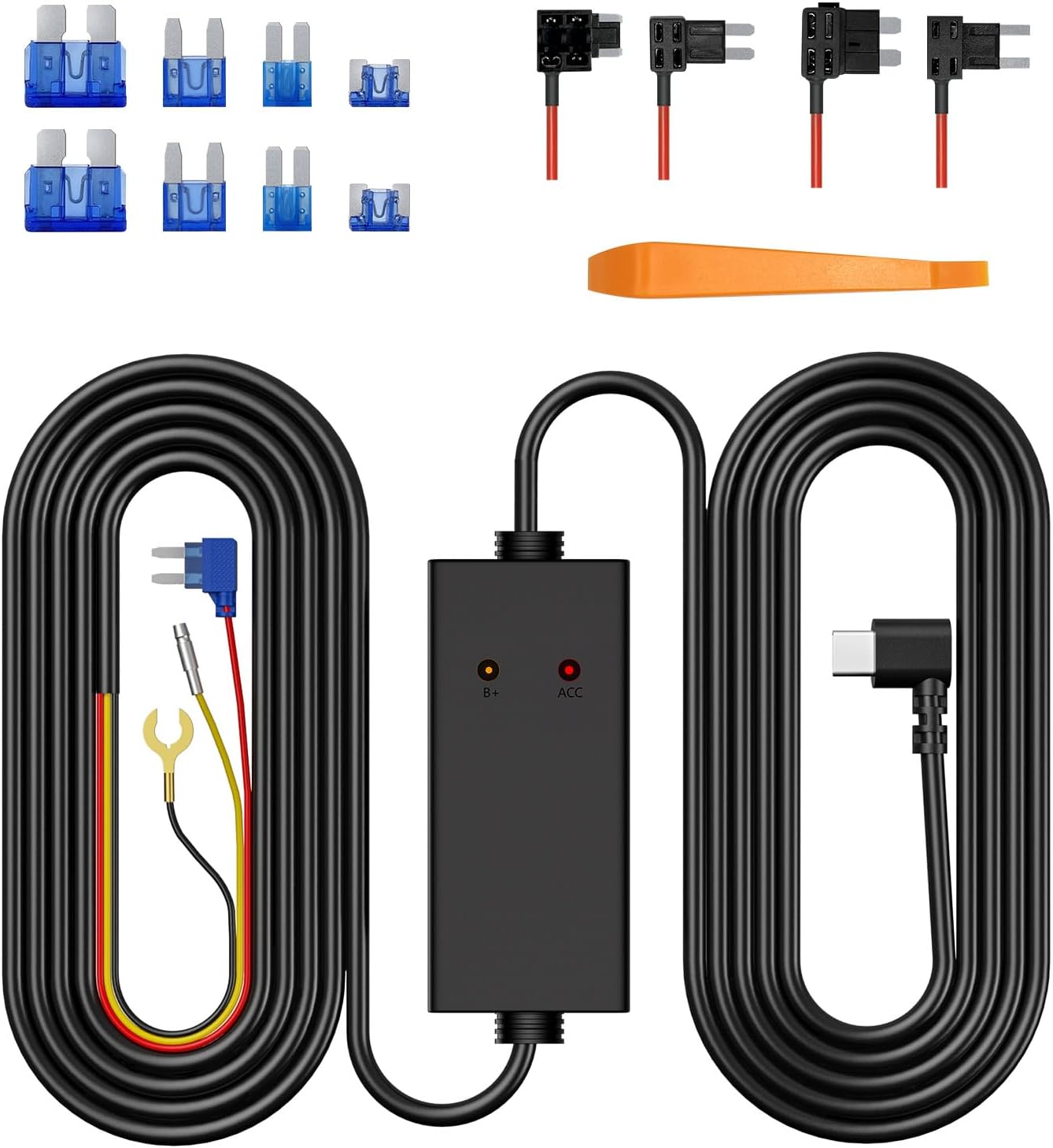 E-YEEGER 11.5ft Type-C Dash Cam Hardwire Kit (V5F), 12V-24V to5V 3A Car Dashboard Cam Charger Power Cable with 4 Fuse Taps, Low Voltage Protection for V100、V100Pro、S50