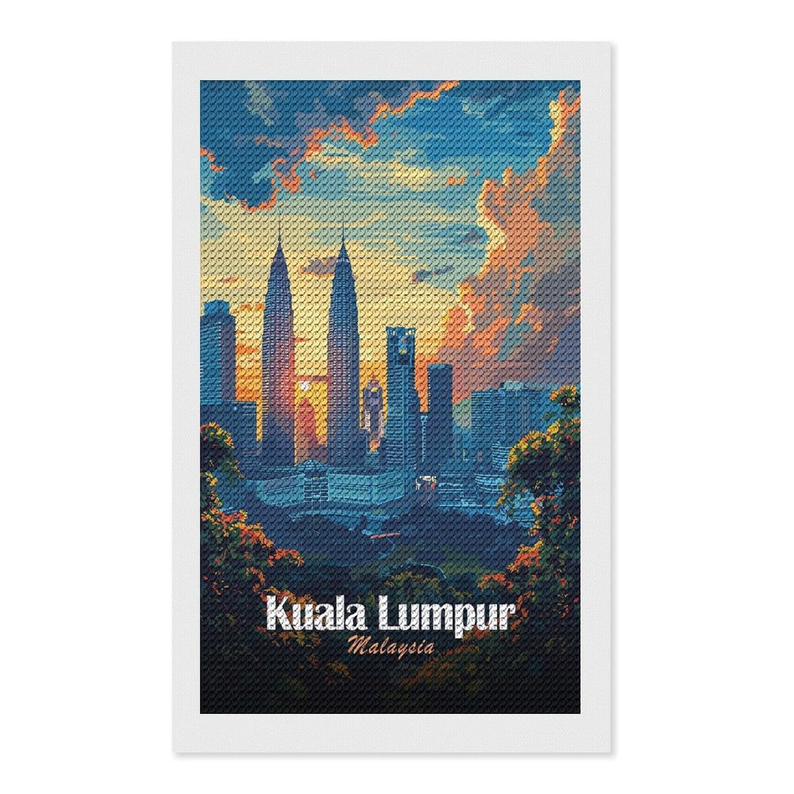 Junmoney Kuala Lumpur Skyline at Sunset DIY Diamond Art Canvas Kit 12"x20", for Teens, Aesthetic Room Decor, Farmhouse Decor, Canvas Picture, Birthday Gift