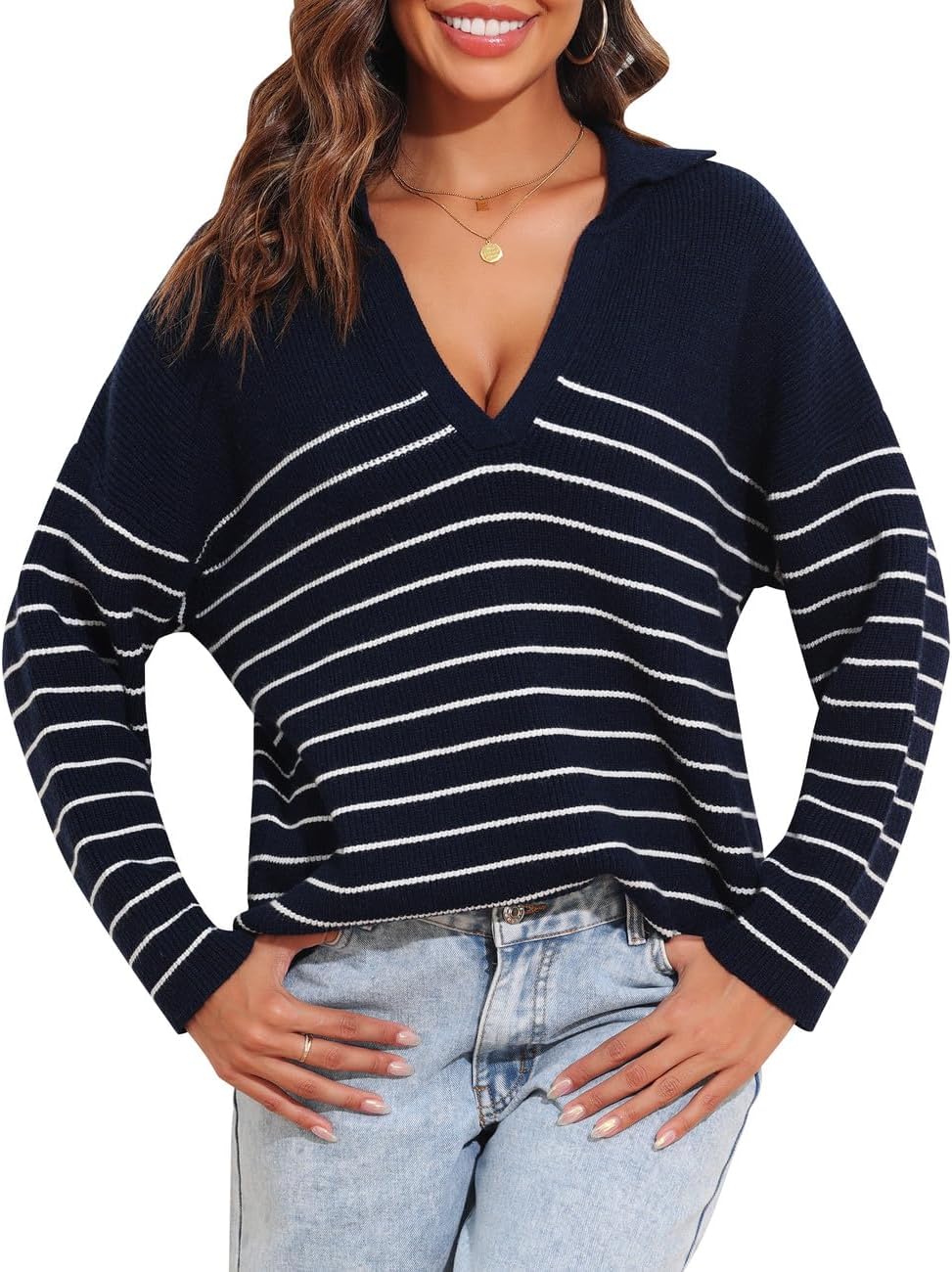 PrettyGuide Women's Polo V Neck Oversized Sweater Casual Fall Winter Loose Fit Slouchy Ribbed Knit Dressy Sweaters - Image 3