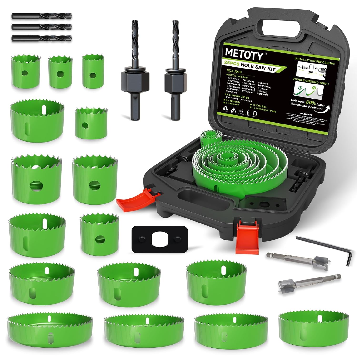 25 Piece Hole Saw Set - High Carbon Steel 19-152mm (3/4" to 6") Blades for Drywall, Softwood, Plastic, and PVC; Professional Grade with Instant Support