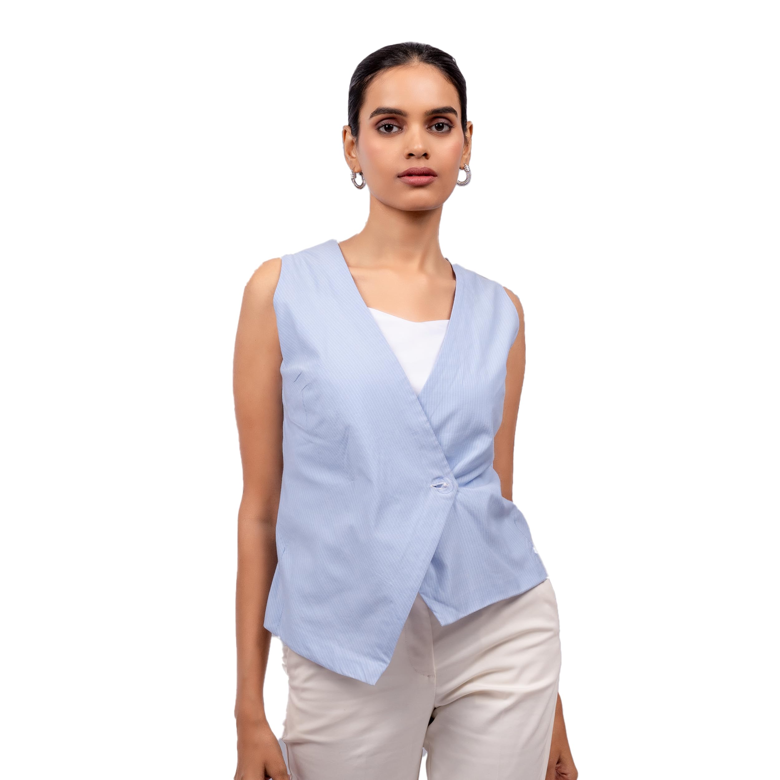 Blue Striped Formal Waistcoat Top for Women | Rayon Fabric | V Neck Style | Regular Fit with Straight Hemline | Sleeveless Tops for Women Stylish | Pack of 1-image-7