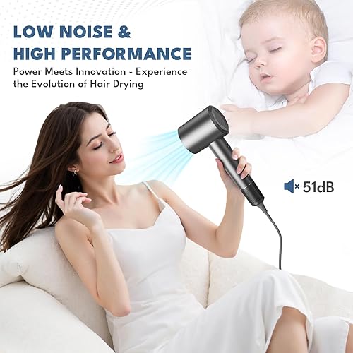 Miniatura 5 de VTT Secador de pelo, secadora de alta velocidad de 150000 RPM para secado rápido, bajo ruido, diseño ligero para uso doméstico y de viaje, perfecto