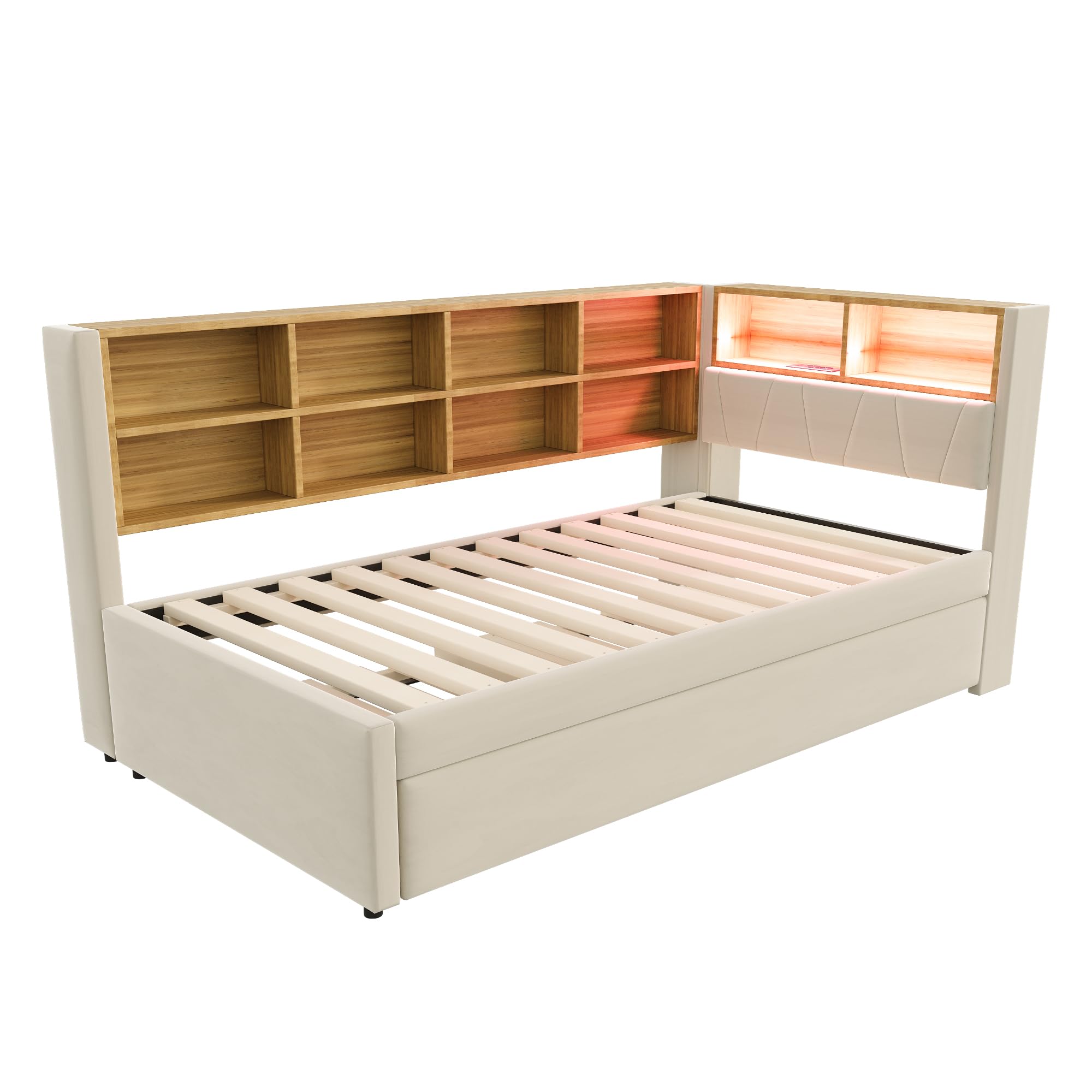 Moimhear Divano letto 90 x 200, letto estraibile 90 x 190 cm, con presa USB e molti scomparti, letto imbottito, divano letto multiuso, letto singolo (beige)