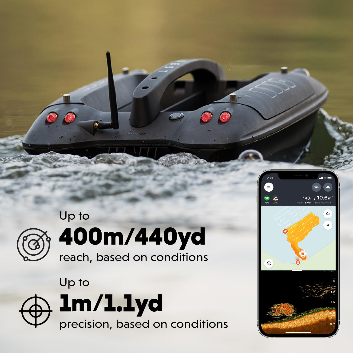 Deeper Quest Barca per esche da pesca con CHIRP Sonar, batteria fino a 7 ore, pilota auto GPS e sistema di consegna silenzioso per la pesca alla carpa