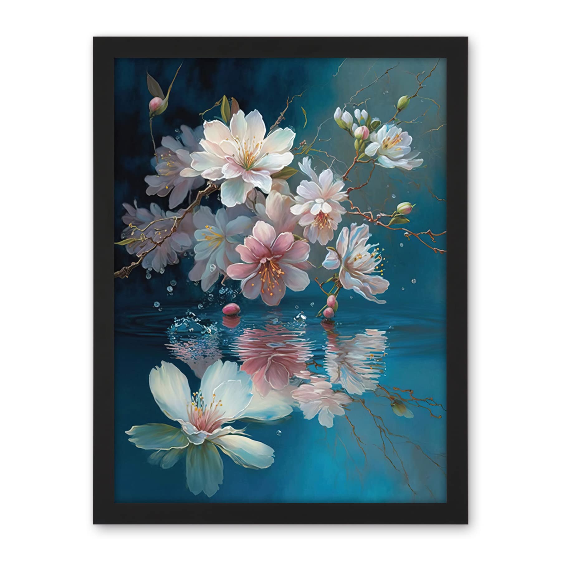 Artery8 Cherry Blossom Branch Dancing Over Water Modern Watercolour Painting Artwork Framed Wall Art Print 18X24 Inch
