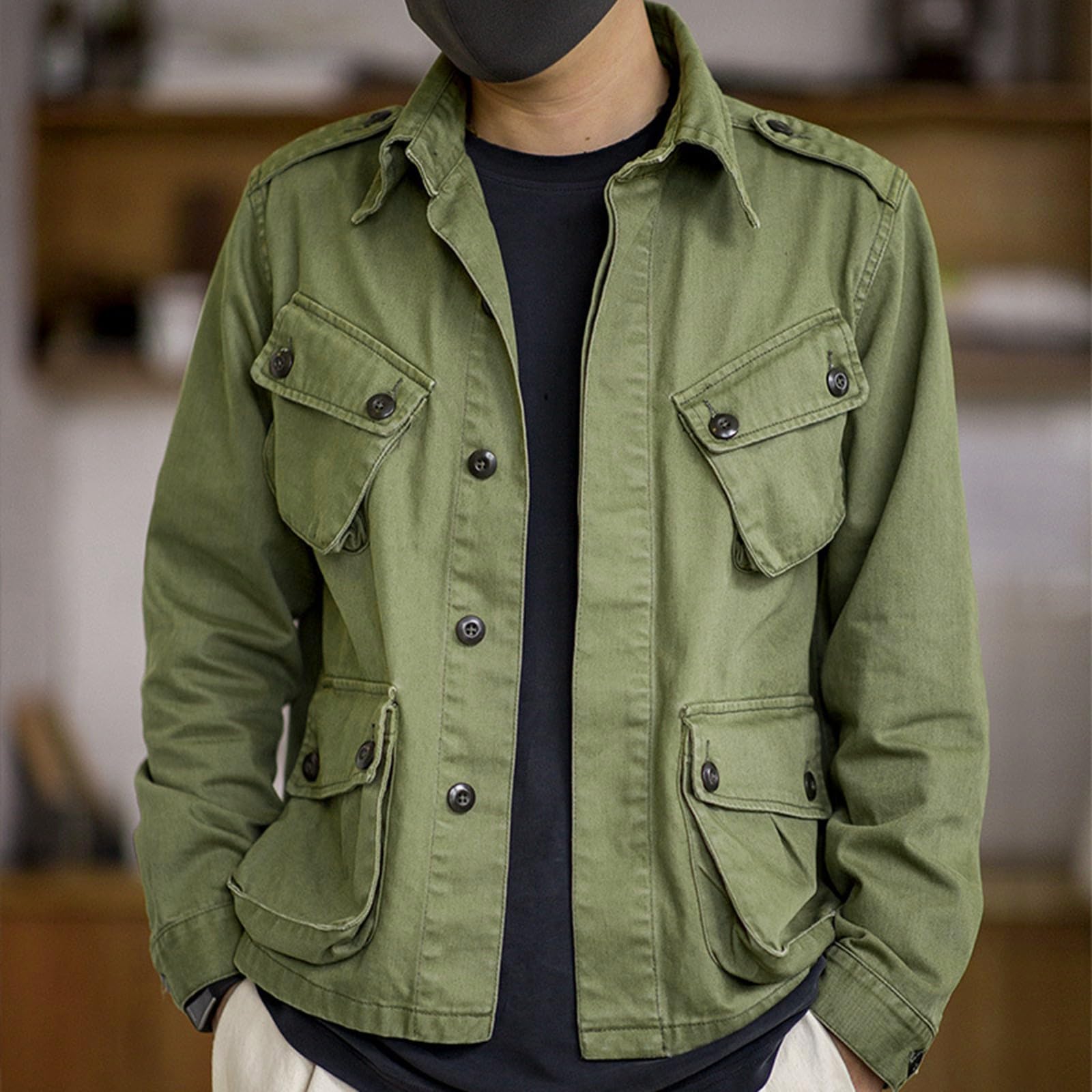 Giacche cargo classiche da uomo, giacca da safari leggera, da combattimento, militare, a maniche lunghe, con tasche multiple, colletto con bottoni, cappotti in cotone leggero all'aperto