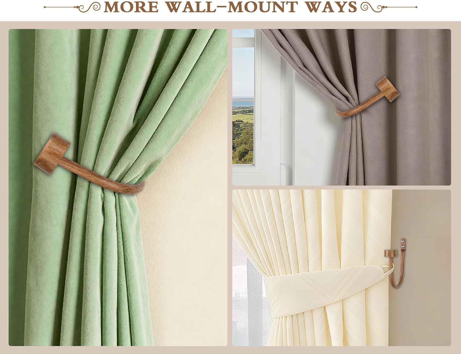 KAMANINA Bundle of 72-144" Black Double Curtain Rod with End Caps and Wood Grain Curtain Holdbacks 1 Pair