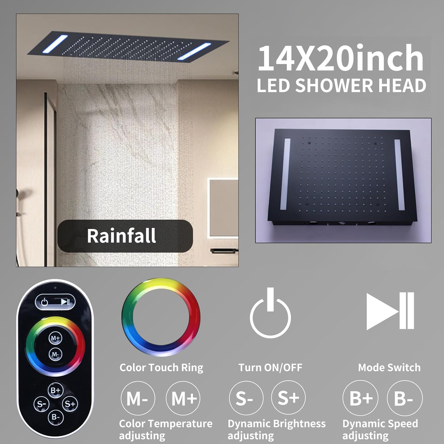 Digital Display Shower Faucet Set Matte Black Shower System with 14X20 inch Ceiling Mounted Shower Head and 8 inch Wall Mounted Shower Head Combo, Handheld Shower