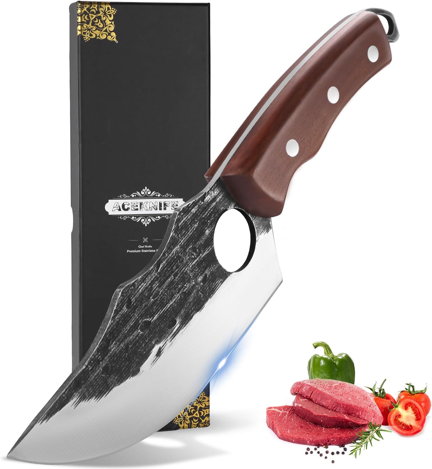 Viking Knife for Meat Cutting, Hand Forged Chef knife, German Steel and Ergonomic Wood Handle, with Sheath for Kitchen and Outdoor,6"