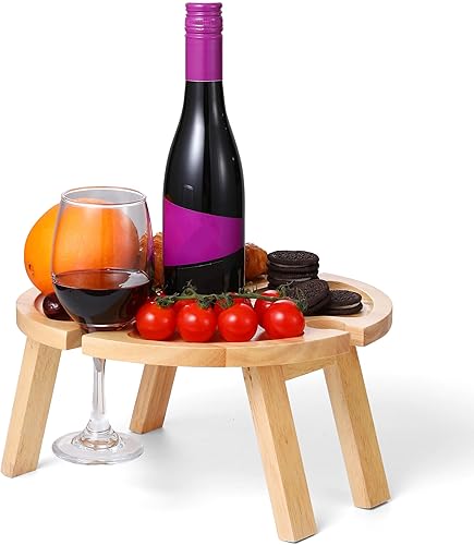 DMTVAL Mesa de picnic plegable portátil de madera 2 en 1 4 soporte para copas de vino y plato compartimental para comida y aperitivos, accesorios al
