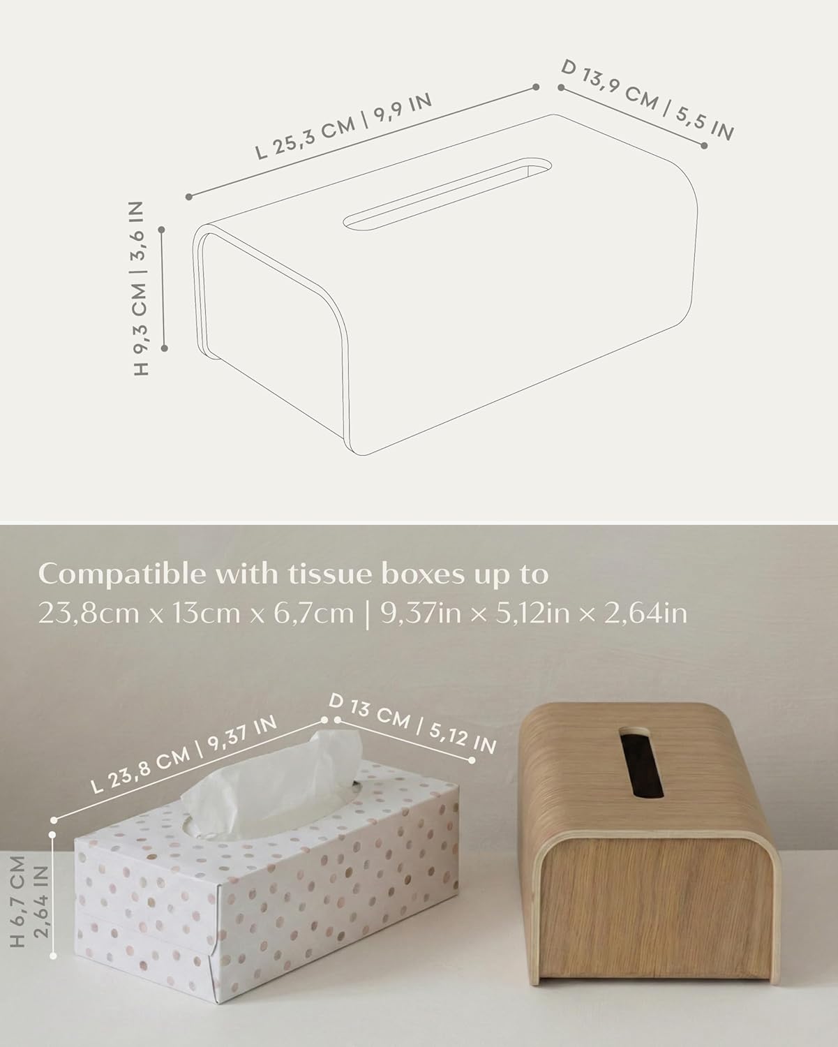 Kazai.® Tissue Box Cover 'Toke' | Real Wood Veneer, FSC® Certified | Decorative Rectangle Tissue Holder for Bathroom or Living Room | Scandinavian Design | Oak, White